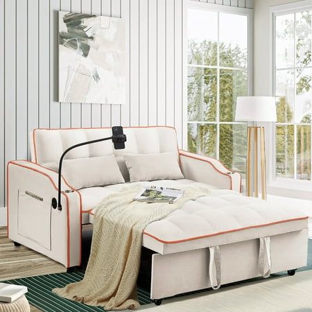 Muumblus Pull Out Sofa Bed  3-in-1 Convertible Sleeper Sofa  Modern 2 Seater Sofa Couch with USB/Type C Port and Cup Holders  Velvet Loveseat Sleeper for Living Room  Apartment  Beige