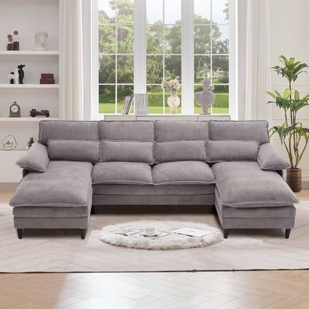 JONPONY 107.5 U Shaped Couch 4 Seat Sectional with 4 Throw Pillows Convertible Upholstery Symmetrical Sofá High Dense Memory Foam with Double Chaise Lounge &Memory Foam for Living Room Light Grey