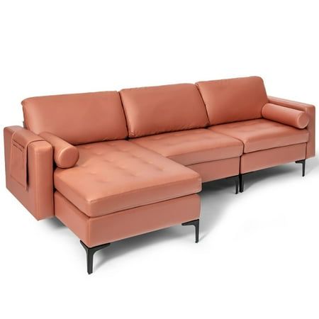 Canddidliike Modular L-shaped Sectional Sofa with Reversible Chaise and 2 USB Ports-Pink  Convertible Sectional Sofa for Living Room