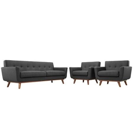 Modway Engage Modern Fabric 3-Piece Sofa Set with Armchairs in Gray
