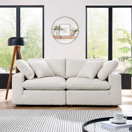 Commix Down Filled Overstuffed Boucle Fabric Loveseat in Ivory