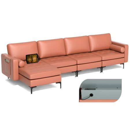 Costway Modular L-shaped Sectional Sofa with Reversible Chaise & 2 USB Ports Coral Pink