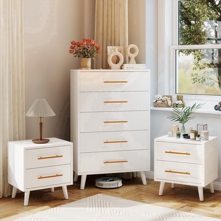Noelse 3 Piece Bedroom Furniture Set 5 Drawer Dresser with 2 Nightstands Modern Wood Storage Organizer with Drawers for Bedroom Living Room White