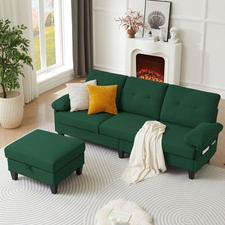 Soscana Sectional Sofa Couch with Reversible Storage Ottoman and Side Pockets  3 Seat L Shaped Couch with Detachable Armrest Pillows  Modern Linen Sofa Couch for Living Room Apartment Office Studio