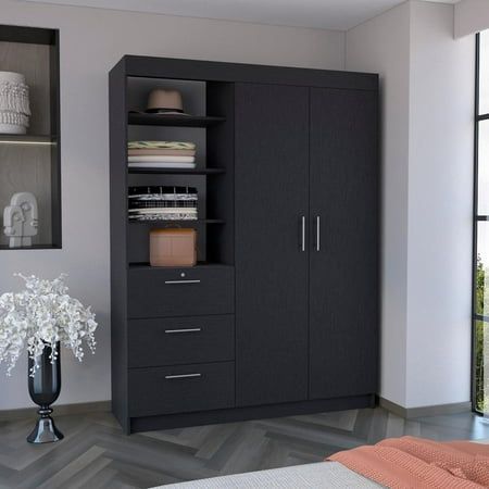 DEPOT E-SHOP Laurel 3-Tier Shelf and Drawers Armoire with Metal Handles  Black