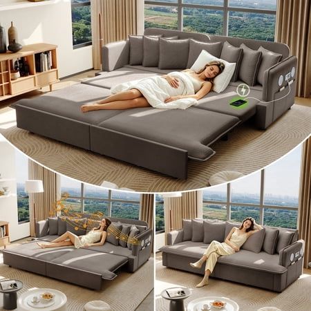 LLappuil Pull Out Sofa Bed King Size  82  Loveseat Sofa with Bluetooth Speakers  USB Ports  Side Pockets  Corduroy Sofa Couch Convertible Sofa Bed for Living Room Brown