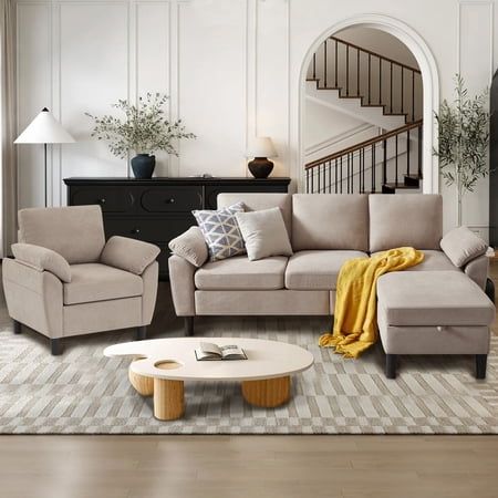 JarenieTornama Linen Convertible L Shaped Sectional Sofa with Accent Chair  Beige