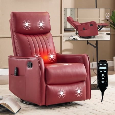 UHOMEPRO Swivel Rocker Recliner Chair  Faux Leather Manual Recliner with Heat and Massage  360° Swivel Rocking Recliner Chair for Living Room  Home Theater Seating  Black