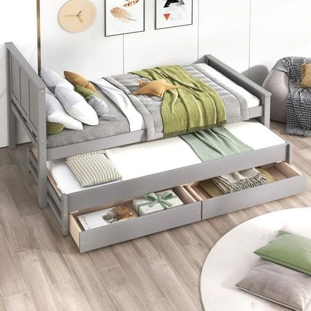 Euroco Twin Size Platform Bed with Trundle and Drawers  Gray