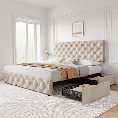 TROPOW Queen Bed Frame,with 4 Storage Drawers and Adjustable Headboard, Linen Upholstered Platform Bed Frame, Diamond Stitched Button Tufted, No Box Spring Needed,Off White
