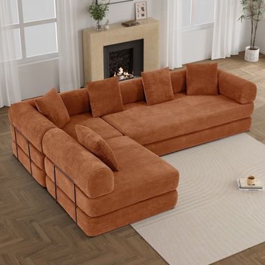 157" Convertible Sleeper Sofa Bed,Corduroy Futon Sofa Couch with High-Density Foam,Deep Seat Sofa for Living Room, Bedroom,Orange