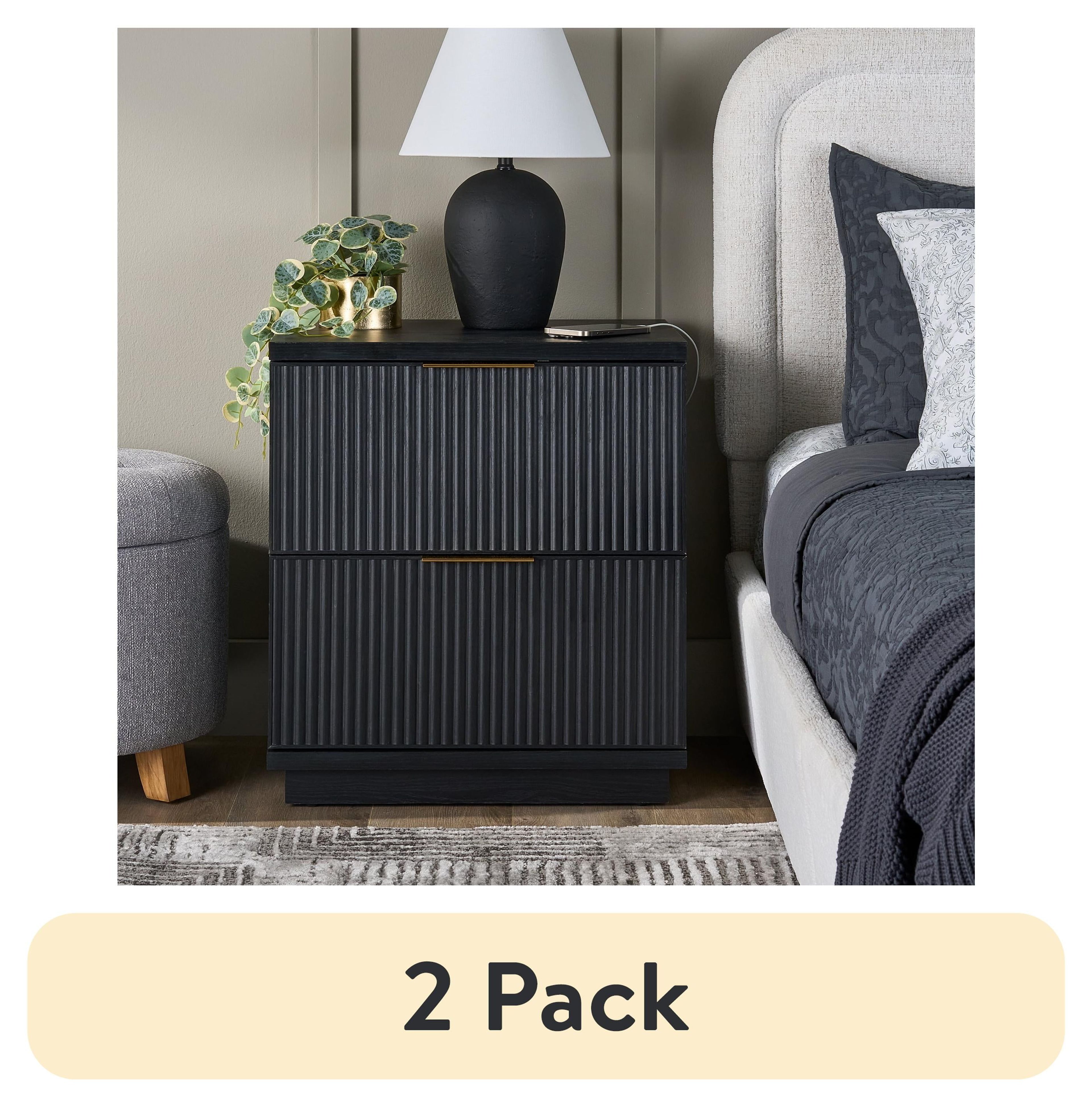 2-Pack Better Homes & Gardens Lillian Fluted Black Nightstand with USB