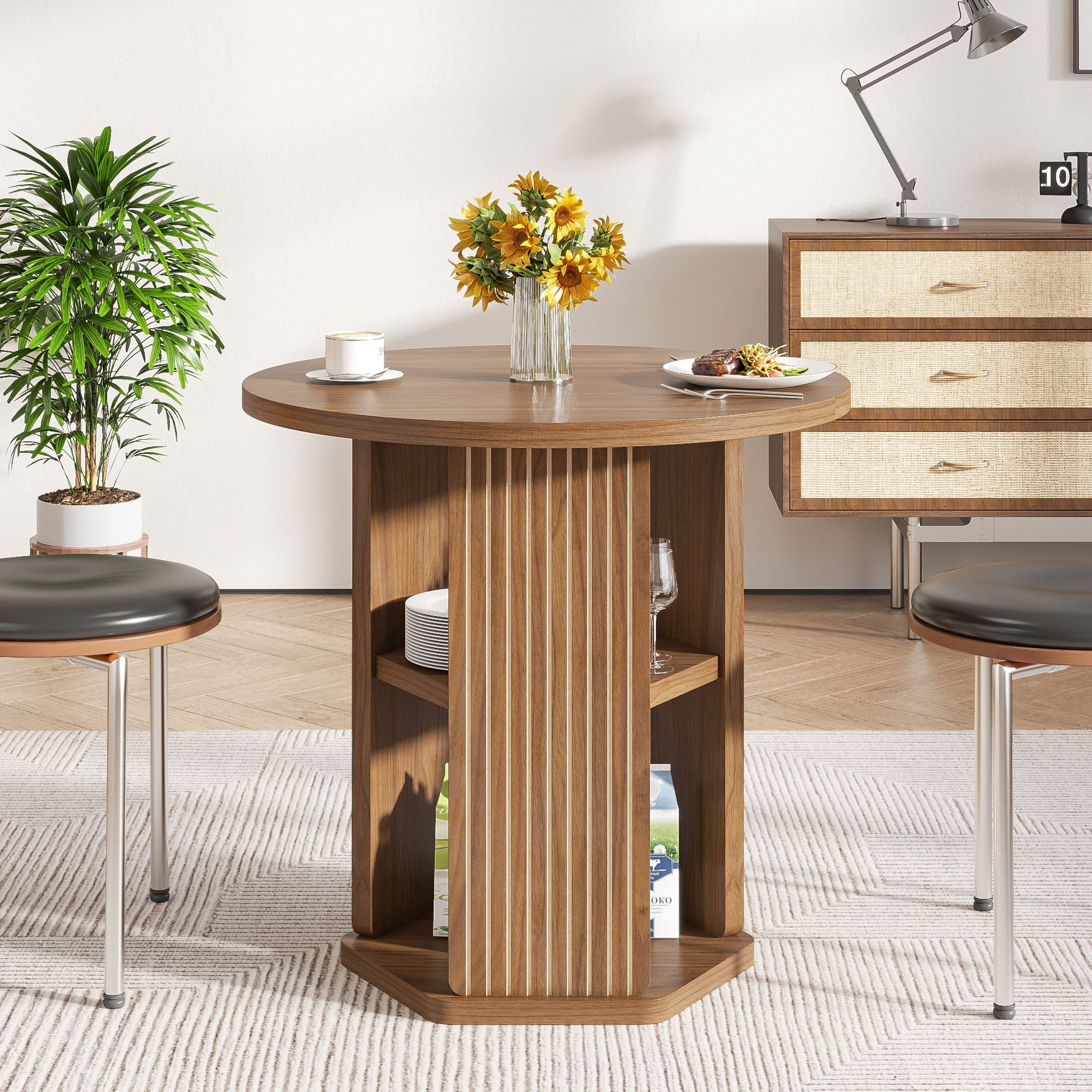 31.5" Walnut Round Dining Table for 2-4 with Storage Shelf