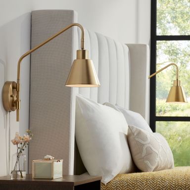 360 Lighting Marybel Modern Swing Arm Wall Lamps Set of 2 Brass Plug-in Light Fixture Tapered Metal Shade for Bedroom Bedside Living Room Reading Home