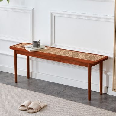 47'' Entryway Bench, Wood Dining Bench Rattan Surface Design End of Bed Bench, Modern Bedroom Bench with Rounded Corner for Living Room Hallway