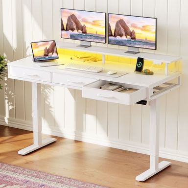 Casacomoda 55 inch Electric Standing Desk with Power Outlets and LED Lights, Adjustable Height Sit Stand Desk with Monitor Shelf & 3 Fabric Drawers for Home Office, White