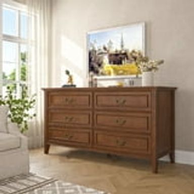 55" Vintage 6 Drawer Dresser for Bedroom, Solid Wood Dressers & Chest of Drawers, Wide Doubel Dresser Organizer for Living Room, Hallway, Caramel - Walmart.com