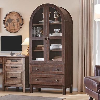 71" Tall Arched Bookshelf, 4-Tier Bookcase with Glass Doors and Shelves, Wooden Display Cabinet w/2 Large Storage Drawers