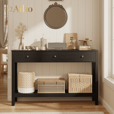 Aiho Console Table with 3 Drawers, Wood Entryway Table with Storage Shelf, Sofa Tables Narrow Long for Living Room, Entryway, Hallway, Foyer - Black