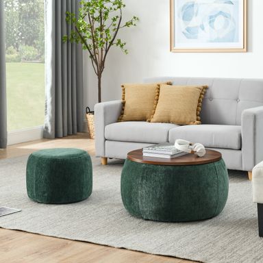 Aukfa 2pc Round Storage Ottoman, Chenille Upholstered Pouf Foot Rest Stools, Coffee End Table for Living Room, Bedroom, Dorm, Green