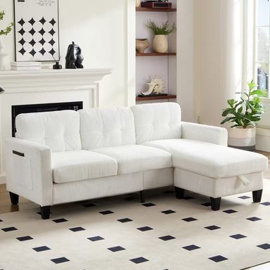 BALUS Sectional Sofa with Storage Ottomans, Small L-Shaped Sofa and Corduroy Couch for Living Room, Beige