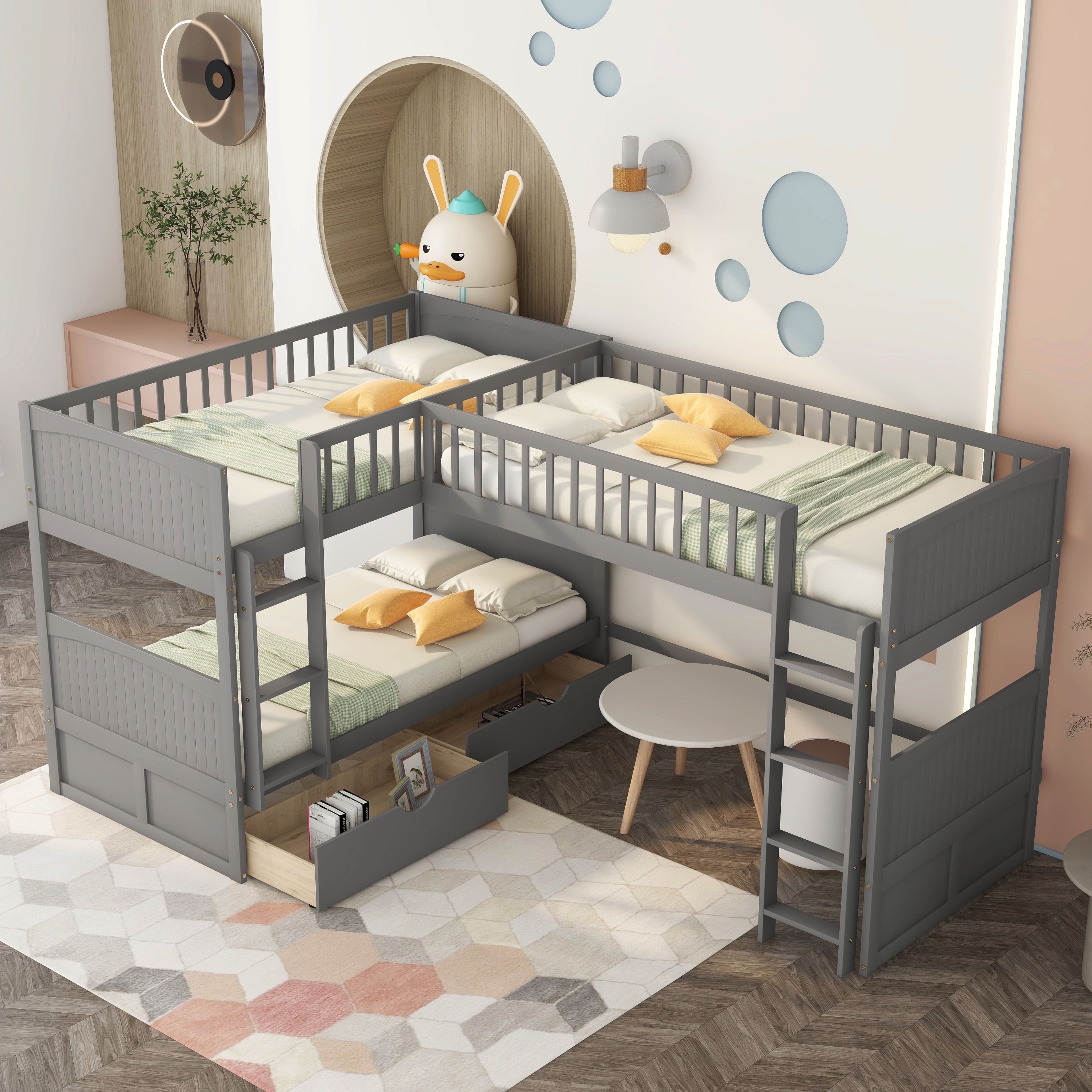 Bellemave Gray L-Shaped Triple Twin Bunk Bed with Drawers