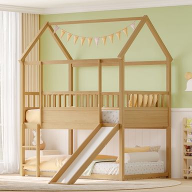 Bellemave House Bunk Bed with Convertible Slide and Ladder Twin over Twin Low Bunk Bed Frame Floor Bunk Bed with High Guardrails for Kids, Boys, Girls (Natural)