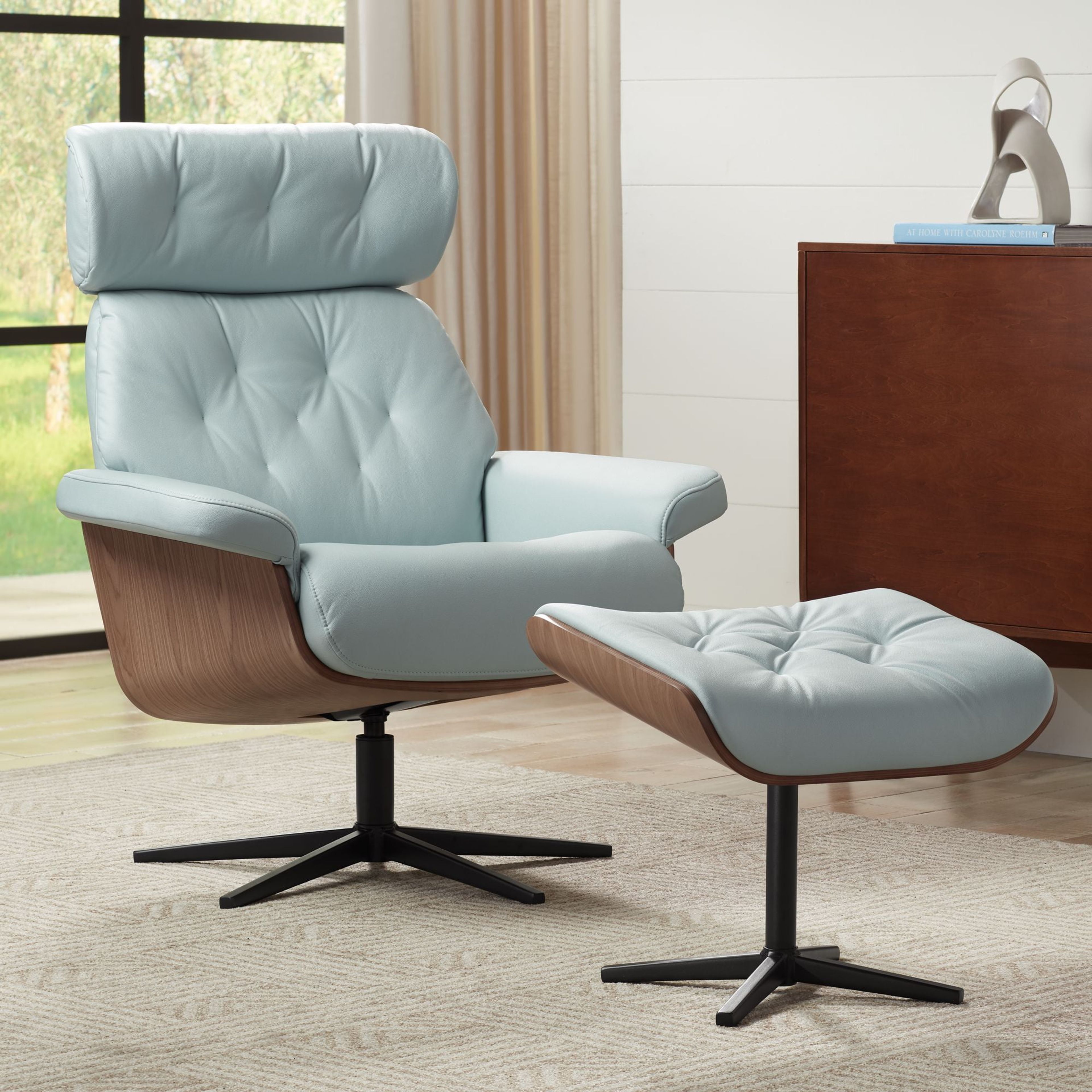 BenchMaster Melia Sky Blue Swivel Recliner with Ottoman - Adjustable Comfort