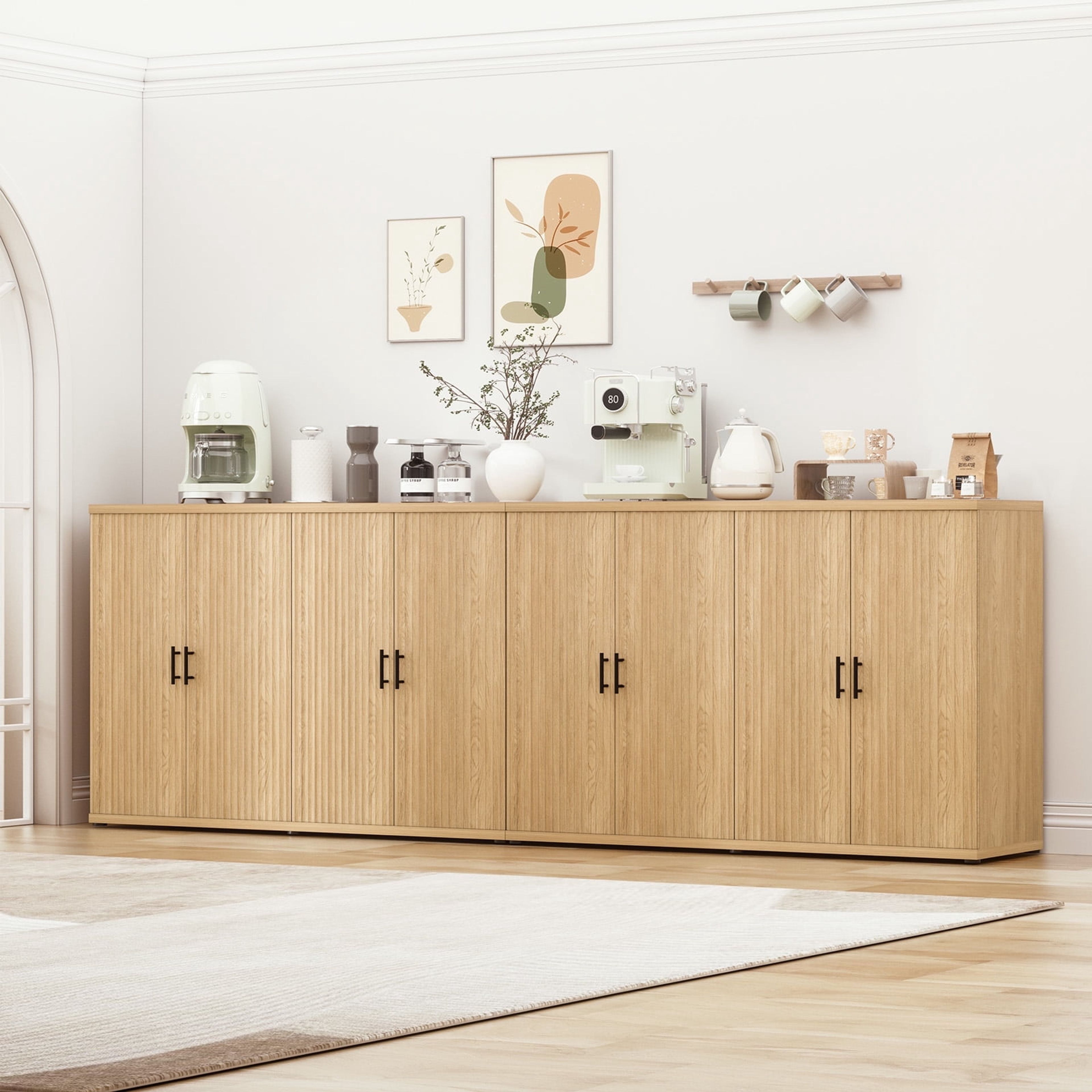 Brafabhome Fluted 4-Door Sideboard Buffet Cabinet, Natural (2-Pack)