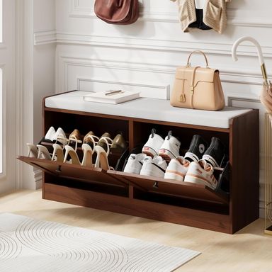 Brown Shoe Bench, Modern Entryway Bench with 2 Flip Drawers, Shoe Rack Bench with Padded Seat Cushion, Wooden Shoe Storage Bench for Entryway, Bedroom and Apartment - Walmart.com