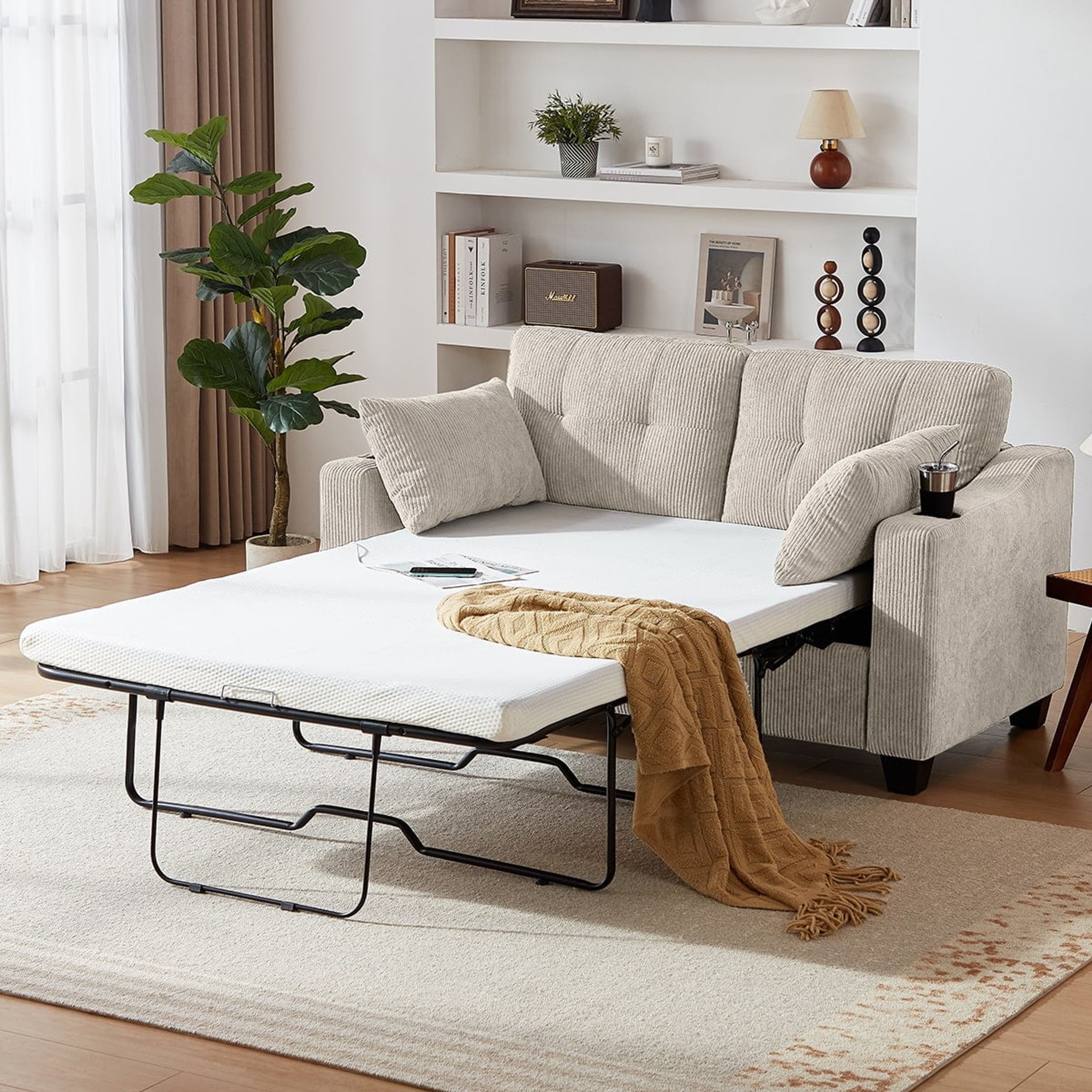 Beige Corduroy Pull-Out Sofa Bed Full Size with USB & LED Lights