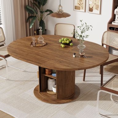 ChVans 47"-63" Extendable Round Dining Table with Storage, Modern Farmhouse Kitchen Table for 4-8, Round Table with Wood Strip Base, Circle Dining Table, Walnut