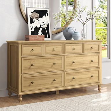 ChVans 65 inch Large Long Drawer Dresser， 8 Drawer Dresser for Bedroom, Modern Farmhouse Wood Wide Chest of Drawers, Storage Dressers for Bedroom, Living Room & Hallway