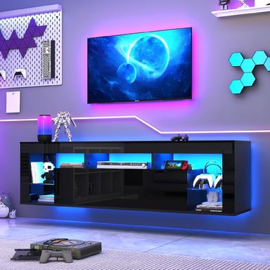ChVans Floating TV Stand for TV's up to 75", Wall Mounted Floating Entertainment Center with LED Lights, Modern Wood TV Cabinet for Living Room, Bedroom,Black