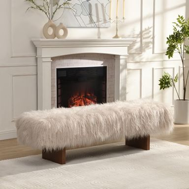 Christopher Knight Home 67" Wooden Bench with Long-Haired Faux Wool Upholstery, 3-Person Seat, Brown+White