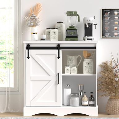 Chvans 31.5" Farmhouse Coffee Bar Cabinet with Storage, Aquarium Stand Fish Tank Table, White Kitchen Sideboard Cabinet with Sliding Barn Door, for Living Room, Entryway