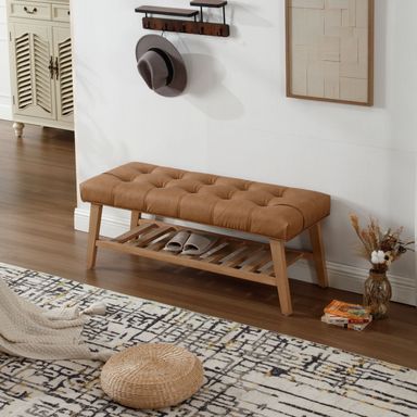 Dayalane Upholstered Storage Bench with Shoe Rack,Linen Fabric Entryway Bench for Living Room, Bedroom and Hallway, Multi Functional Ottoman with Solid Wood Shelf, Brown - Walmart.com