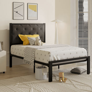 Einfach Twin Size Grey Bed frame with Button-Tufted Headboard - No Box Spring Needed - Walmart.com