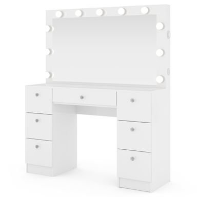 Ember Interiors Tammy White Vanity Desk with Mirror, Lights, Bluetooth Speakers & Storage