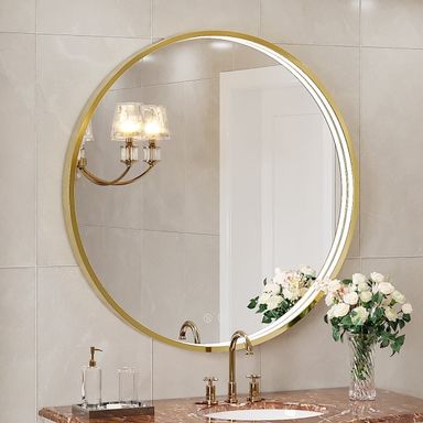 FTOTI 32" Round Gold LED Bathroom Mirror - Anti-Fog, Dimmable Touch, IP54 Waterproof, 90+ CRI, Wall Mounted