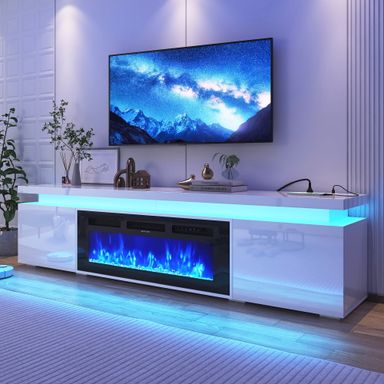 Fireplace TV Stand for 70" 75" 80" with LED Light & Outlets, 70" Large Entertainment Center Gaming Soundbar Shelf with 40'' Electric Fireplace