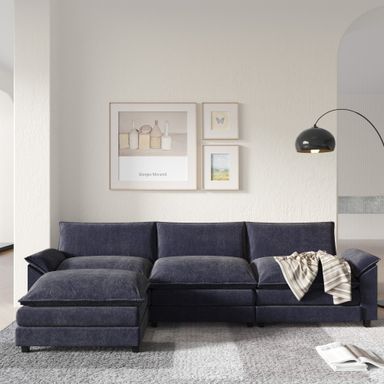 Furmax 3-seat Sectional Sofa Sectional Couch with Reversible Toffee Chair Convertible Sofa with Ottoman,Blue