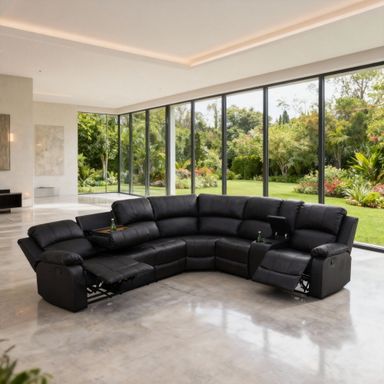 Gewnee Power Recliner Breathing Leather Power Sectional Sofa Set, Black Oversize Reclining Couch with Cup Holder Storage for Living Room ﻿