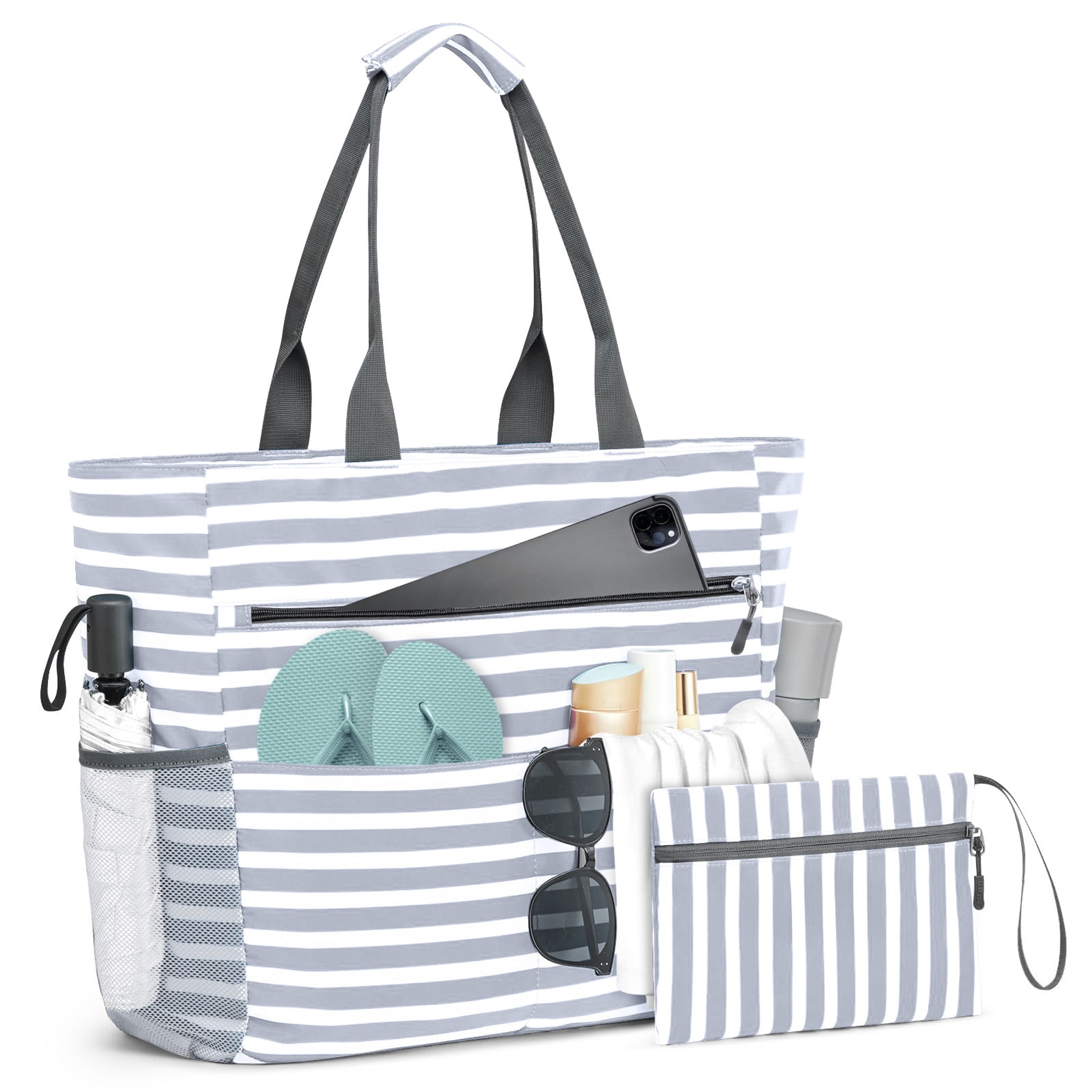 Women's Waterproof Sandproof Beach Tote Bag - Large Capacity, 9 Pockets, White