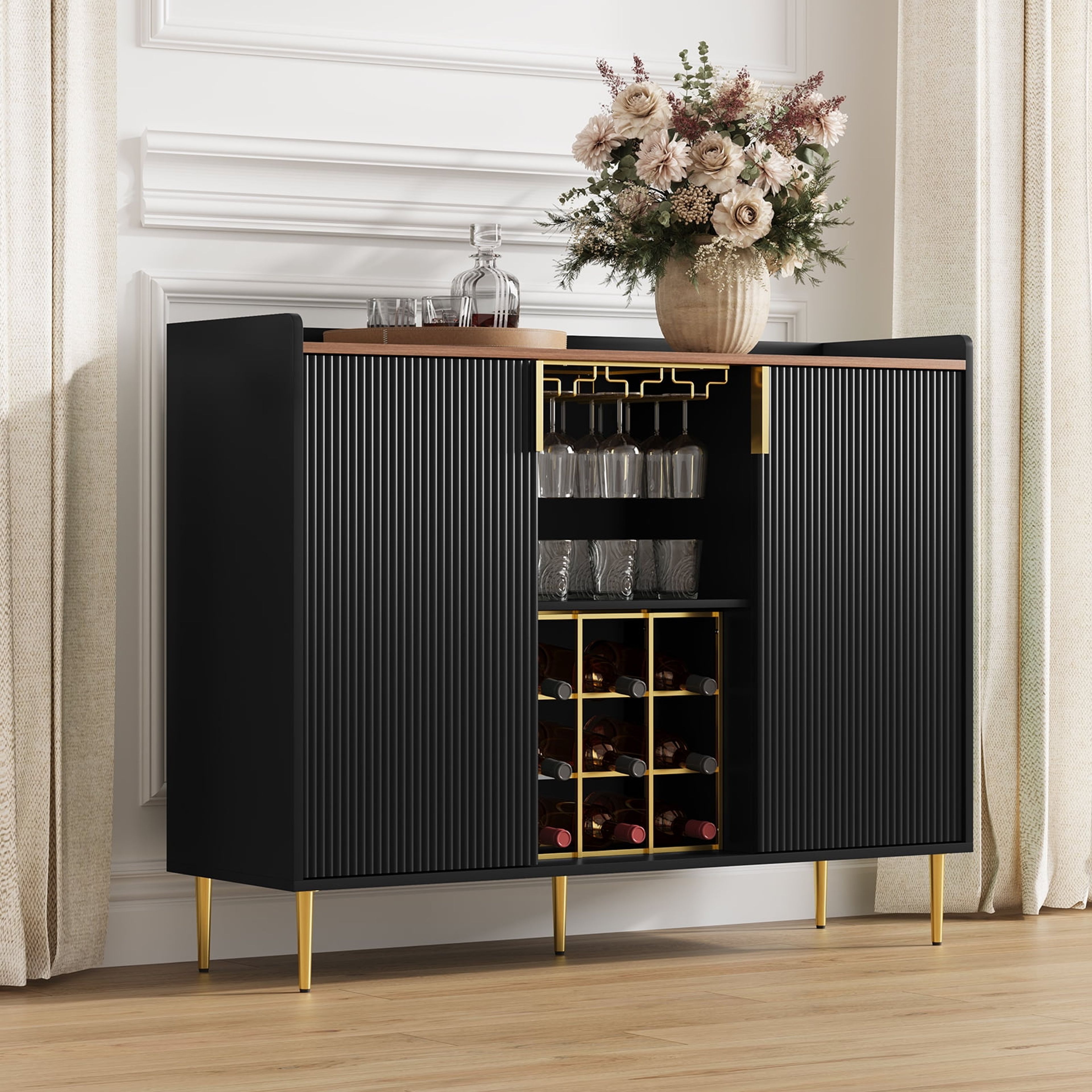 HLR 47.2" Black 2-Door Wine Bar Cabinet - Modern Buffet Sideboard