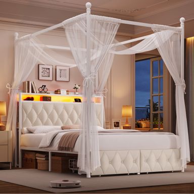 Hiphuta Full Size Upholstered Canopy Bed with Charging Station & Storage Drawer,Button Tufted Headboard with LED Light, Full Bed Frames, Beige