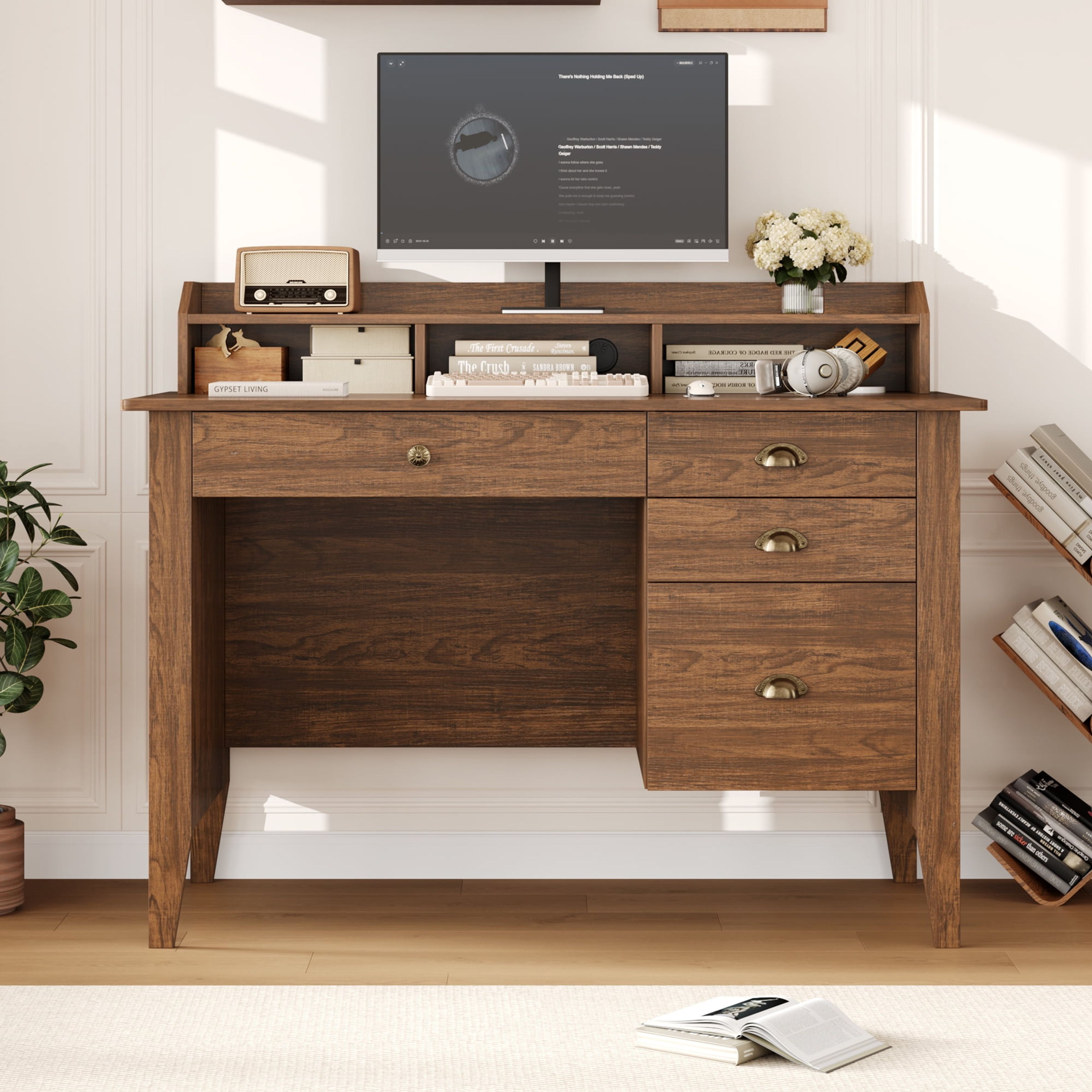 Homfa 47" Rustic Brown Computer Desk with 4 Drawers & Hutch