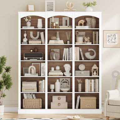 Homfa 18-Cube Bookcase and Bookshelves, 71.2" Triple Width 6 Tier Freestanding Arch Library Cabinet for Home Office Living Room, White Bark Texture & Walnut