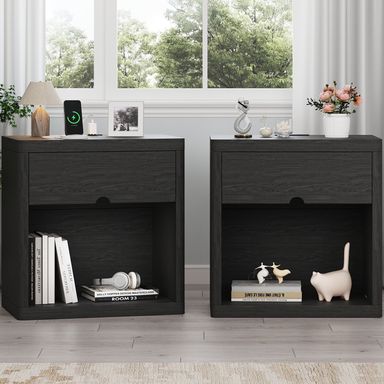 IDEALSOUL Nightstand Set of 2, Nightstand with Charging Station, 24inch Bedside Table with Curved Top Corners, Crescent Shaped Buckle, Wooden End Table for Bedroom Living Room (2pcs, Black)