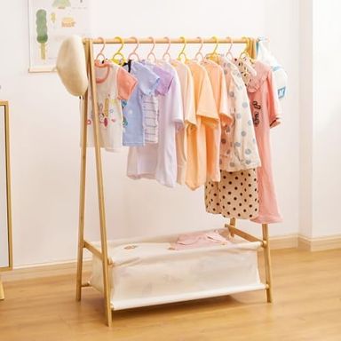 Kids Clothing Rack with Storage Box, Dress up Holder, Child Garment Stand with Hanging Rods, Small and Foldable, Bamboo (Natural)